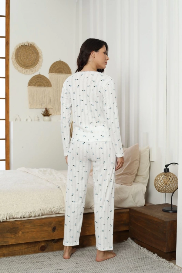 Pijamoni Kadın Ribana Kumaş Beyaz Desenli Pijama Takımı - 9600