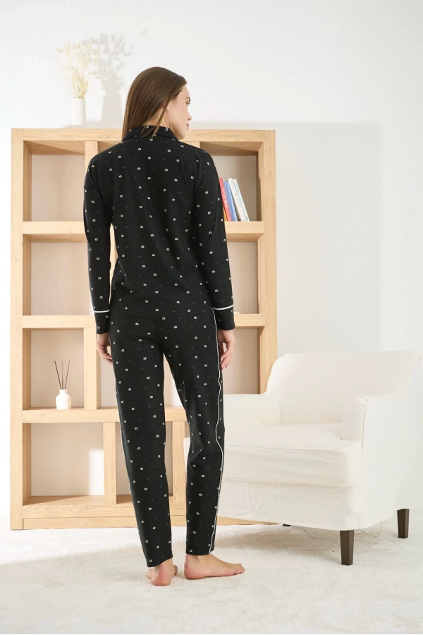 Pijamoni Kadın Petek Kumaş Önü Düğmeli Siyah Pijama Takımı - 8950