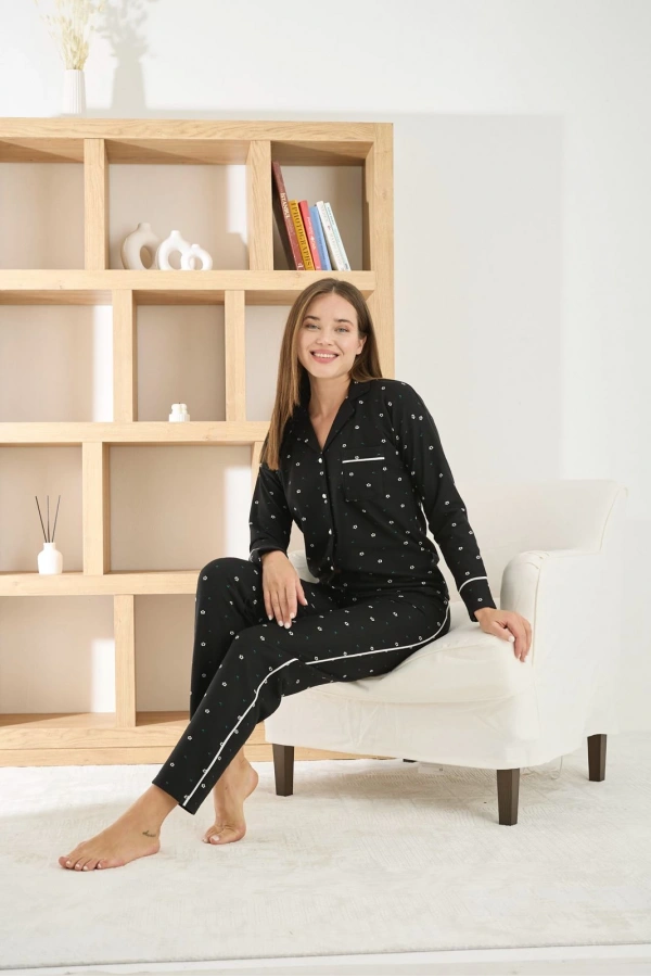 Pijamoni Kadın Petek Kumaş Önü Düğmeli Siyah Pijama Takımı - 8950