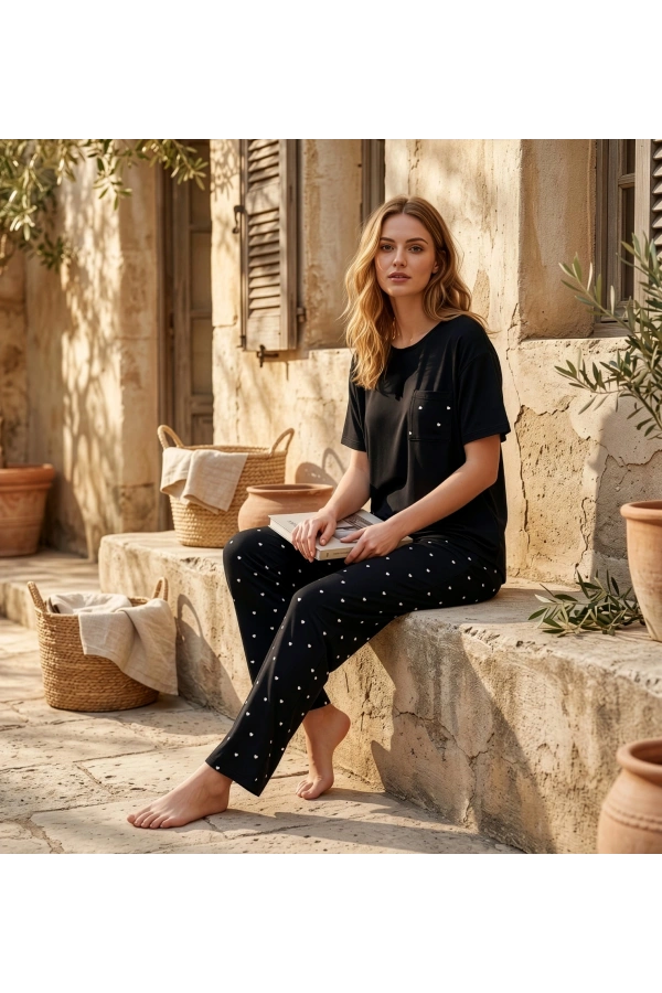 Pijamoni Milan Kumaş Bisiklet Yaka Kısa Kollu Kadın Uzun Pijama Takımı