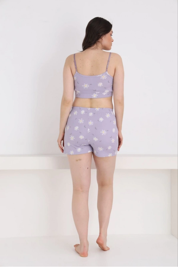 Pijamoni Kadın Milan Kumaş Sabahlıklı Dantel Detaylı Şortlu 3lü Papatya Desenli Kadın Pijama Takımı - 7555