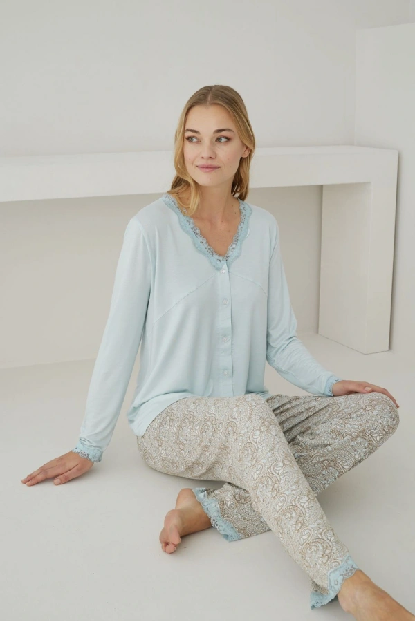 Pijamoni Kadın Önden Düğmeli Dantel Yaka Ring Viskon Su Yeşili Pijama Takımı