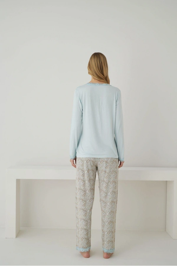 Pijamoni Kadın Önden Düğmeli Dantel Yaka Ring Viskon Su Yeşili Pijama Takımı