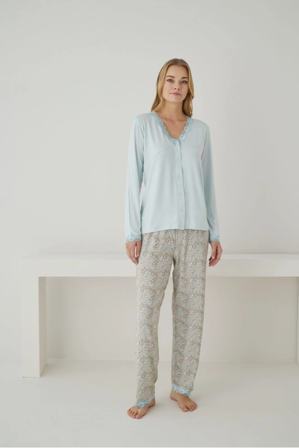 Pijamoni Kadın Önden Düğmeli Dantel Yaka Ring Viskon Su Yeşili Pijama Takımı