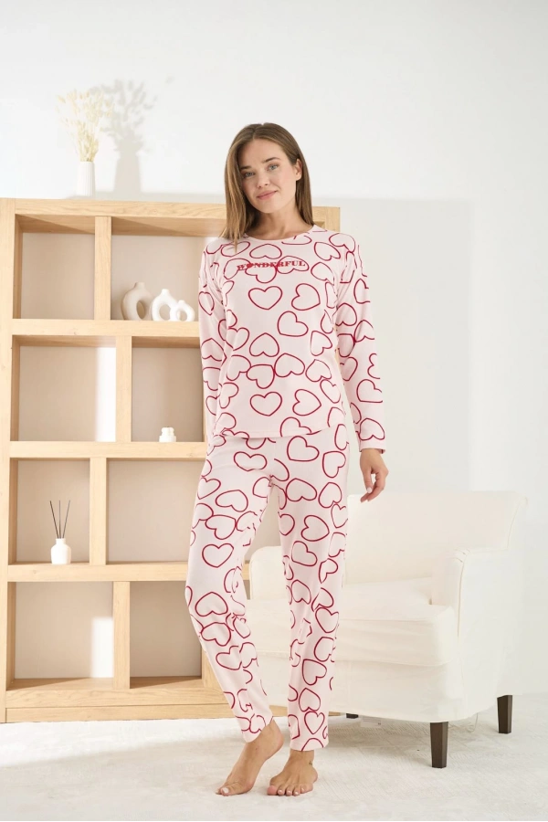 Pijamoni Kadın Petek Kumaş Kalp Desenli Bisiklet Yaka Pijama Takımı - 8915