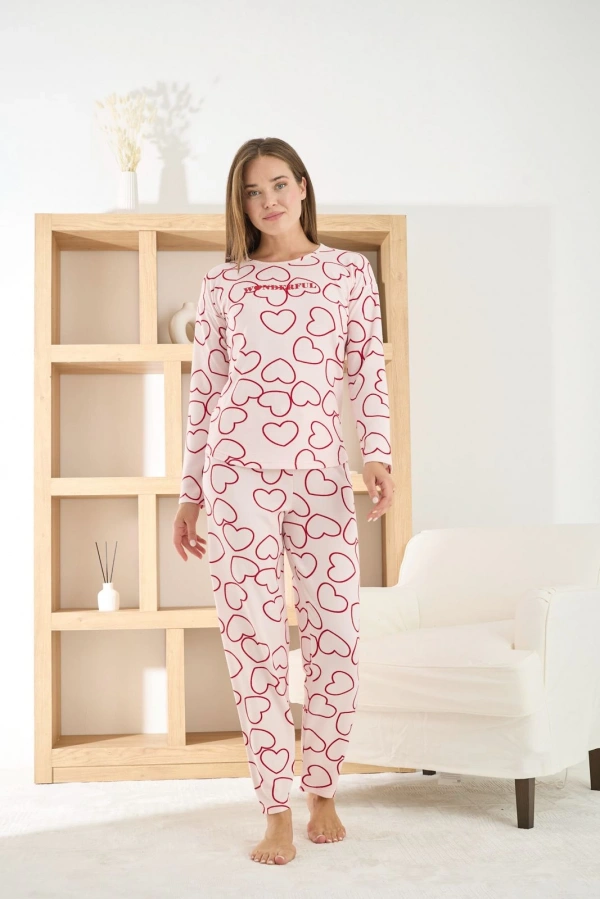 Pijamoni Kadın Petek Kumaş Kalp Desenli Bisiklet Yaka Pijama Takımı - 8915