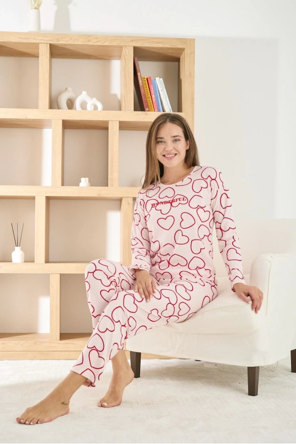 Pijamoni Kadın Petek Kumaş Kalp Desenli Bisiklet Yaka Pijama Takımı - 8915