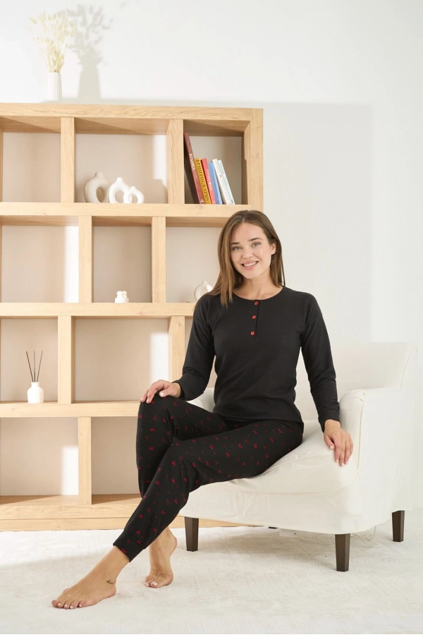 PİJAMONİ WAFFLE KUMAŞ KALP DESENLİ YAKA ÜÇ DÜĞMEL İPİJAMA TAKIMI-8900-7