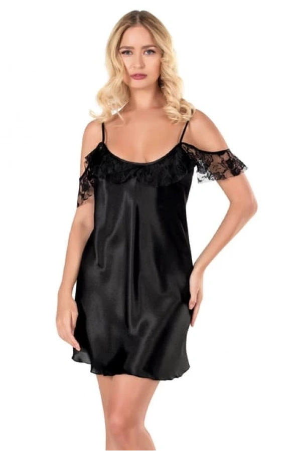 Primoda Siyah Kısa Saten Gecelik 8140