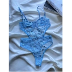 Arona Kadın Transparan Çiçek Desenli Tül Mavi Bodysuit