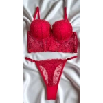 Arona Kadın Destekli Çiçek Desenli Brode Kırmızı Büstiyer Takımı