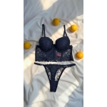 Arona Kadın Destekli Çiçek Desenli Brode Lacivert Büstiyer Takımı