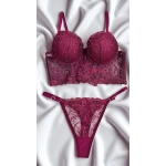 Arona Kadın Destekli Çiçek Desenli Brode Bordo Büstiyer Takımı