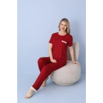 Pijamoni Kadın Dublin Kumaş Bisiklet Yaka Kısa Kollu Bordo Pijama Takımı