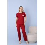 Pijamoni Kadın Dublin Kumaş Bisiklet Yaka Kısa Kollu Bordo Pijama Takımı