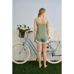 Pijamoni Kadın Dublin Kumaş Dantel Detaylı İp Askılı Fıstık Yeşili Şort Takımı