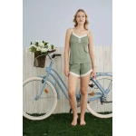 Pijamoni Kadın Dublin Kumaş Dantel Detaylı İp Askılı Fıstık Yeşili Şort Takımı