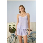 Pijamoni Kadın İp Askılı Dantel Detaylı Papatya Desenli Lila Şort Takımı