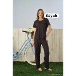 Pijamoni Kadın Dublin Kumaş Bisiklet Yaka Kısa Kollu Siyah Pijama Takımı