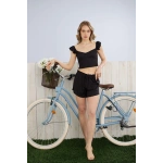 Pijamoni Kadın Omuzu Fırfır Detaylı Siyah Şort Takımı