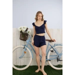 Pijamoni Kadın Omuzu Fırfır Detaylı Lacivert Şort Takımı