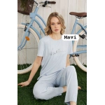 Pijamoni Kadın Dublin Kumaş Bisiklet Yaka Kısa Kollu Mavi Pijama Takımı