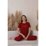 Pijamoni Kadın Dublin Kumaş Bisiklet Yaka Kısa Kollu Bordo Pijama Takımı