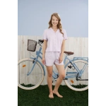 Pijamoni Kadın Dublin Kumaş Rodoplu Gömlek Yaka Lila Şort Takımı