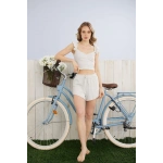 Pijamoni Kadın Omuzu Fırfır Detaylı Gri Şort Takımı