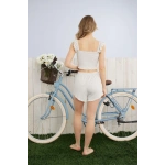 Pijamoni Kadın Omuzu Fırfır Detaylı Gri Şort Takımı