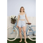 Pijamoni Kadın Omuzu Fırfır Detaylı Mavi Şort Takımı