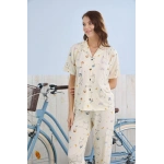 Pijamoni Kadın Önden Düğmeli Milan Kumaş Gömlek Yaka Sarı Pijama Takımı