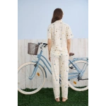 Pijamoni Kadın Önden Düğmeli Milan Kumaş Gömlek Yaka Sarı Pijama Takımı