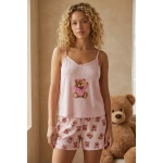 Pijamoni Kadın İp Askılı Oslo Kumaş Şortlu Pudra Pijama Takımı