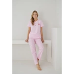 Pijamoni Kadın Süprem Kumaş Düğmeli Yaka Kısa Kollu Kalp Desenli Pembe Pijama Takımı