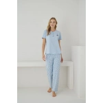 Pijamoni Kadın Süprem Kumaş Düğmeli Yaka Kısa Kollu Mavi Pijama Takımı