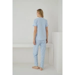 Pijamoni Kadın Süprem Kumaş Düğmeli Yaka Kısa Kollu Mavi Pijama Takımı