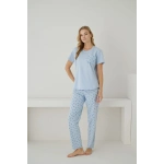 Pijamoni Kadın Süprem Kumaş Düğmeli Yaka Kısa Kollu Mavi Pijama Takımı