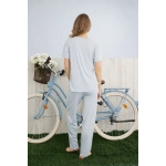 Pijamoni Kadın Dublin Kumaş Bisiklet Yaka Kısa Kollu Mavi Pijama Takımı