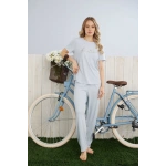 Pijamoni Kadın Dublin Kumaş Bisiklet Yaka Kısa Kollu Mavi Pijama Takımı