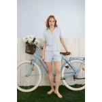 Pijamoni Kadın Dublin Kumaş Rodoplu Gömlek Yaka Mavi Şort Takımı