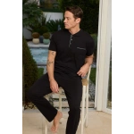 PİJAMONİ YAKA DÜĞMELİ CEPLİ PAMUK KUMAŞ KISA KOLLU PİJAMA TAKIMI