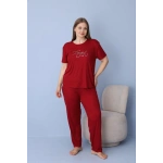 Pijamoni Kadın Büyük Beden Dublin Kumaş Kısa Kollu Bordo Pijama Takımı