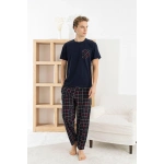 Pijamoni Erkek 3 Parça Ekose Desenli Pamuklu K. Lacivert Pijama Takımı