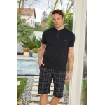 Pijamoni Erkek Penye Kumaş Düğmeli Yaka Koyu Siyah Pijama Takımı