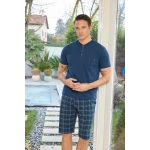 Pijamoni Erkek Penye Kumaş Düğmeli Yaka Lacivert Pijama Takımı