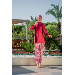 Ruko Kadın Lacivert Turuncu Geometrik Desenli Tam Kapalı Tesettür Mayo Haşema