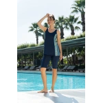 Kadın Tankini Mayo Lacivert Yan Desenli Şortlu Deniz Havuz Takımı