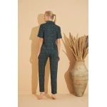 Pijamoni Kadın Önden Düğmeli Milan Kısa Kol Pijama Takımı YEŞİL EKOSE
