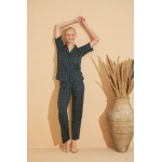Pijamoni Kadın Önden Düğmeli Milan Kısa Kol Pijama Takımı YEŞİL EKOSE